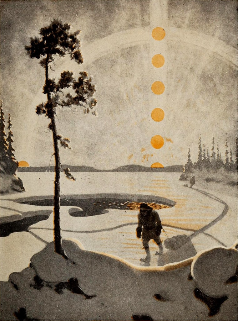 painting of man hiking in snow